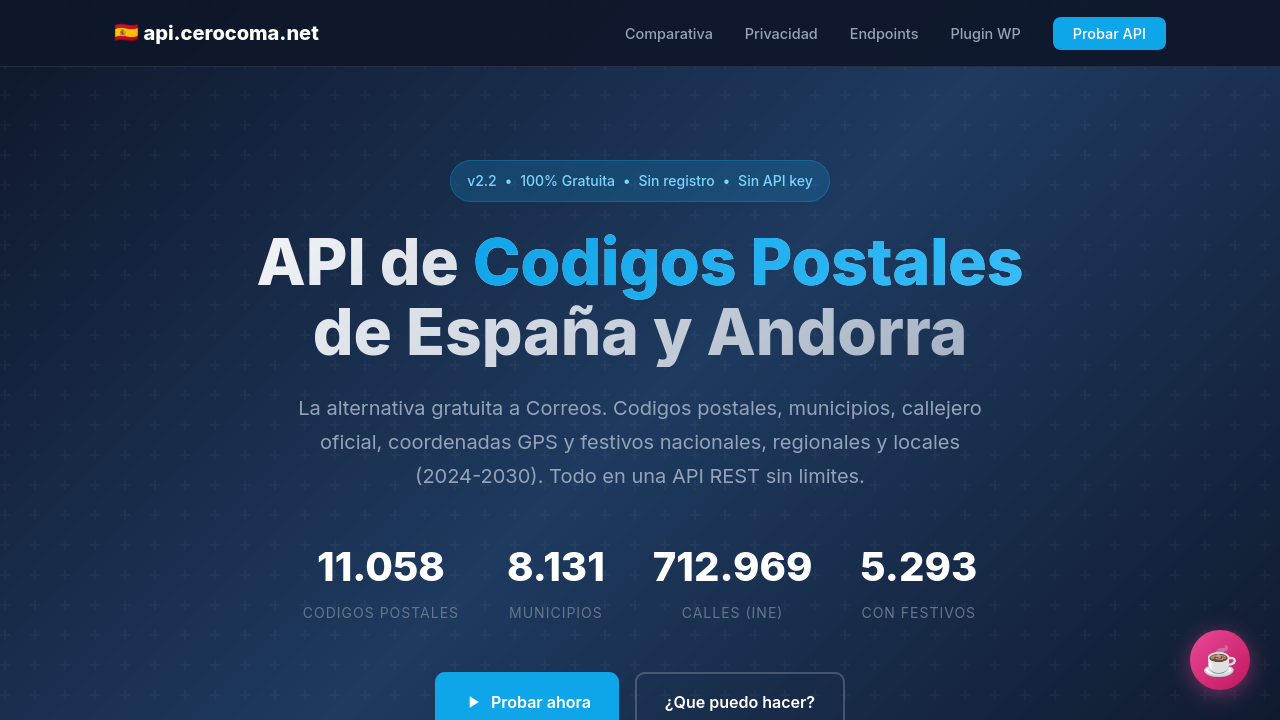 Página principal de la API de Códigos Postales de España