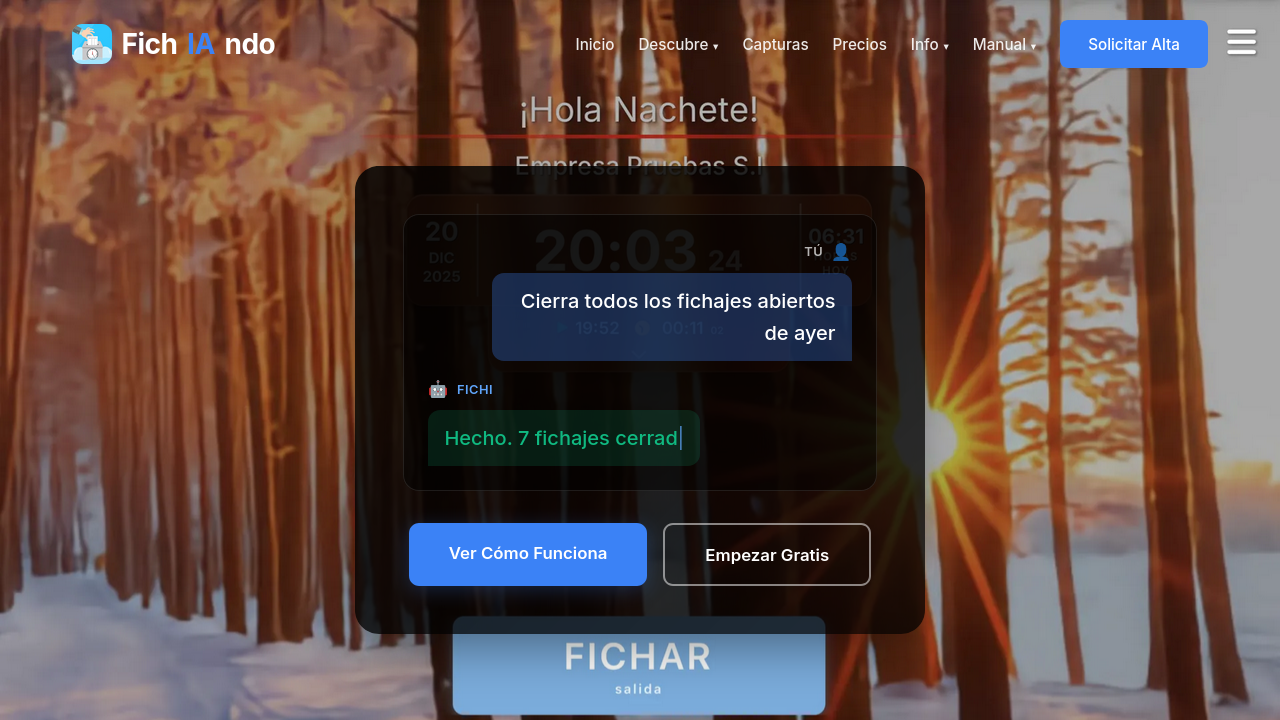 Pantalla principal de Fichiando con asistente IA y botón de fichar