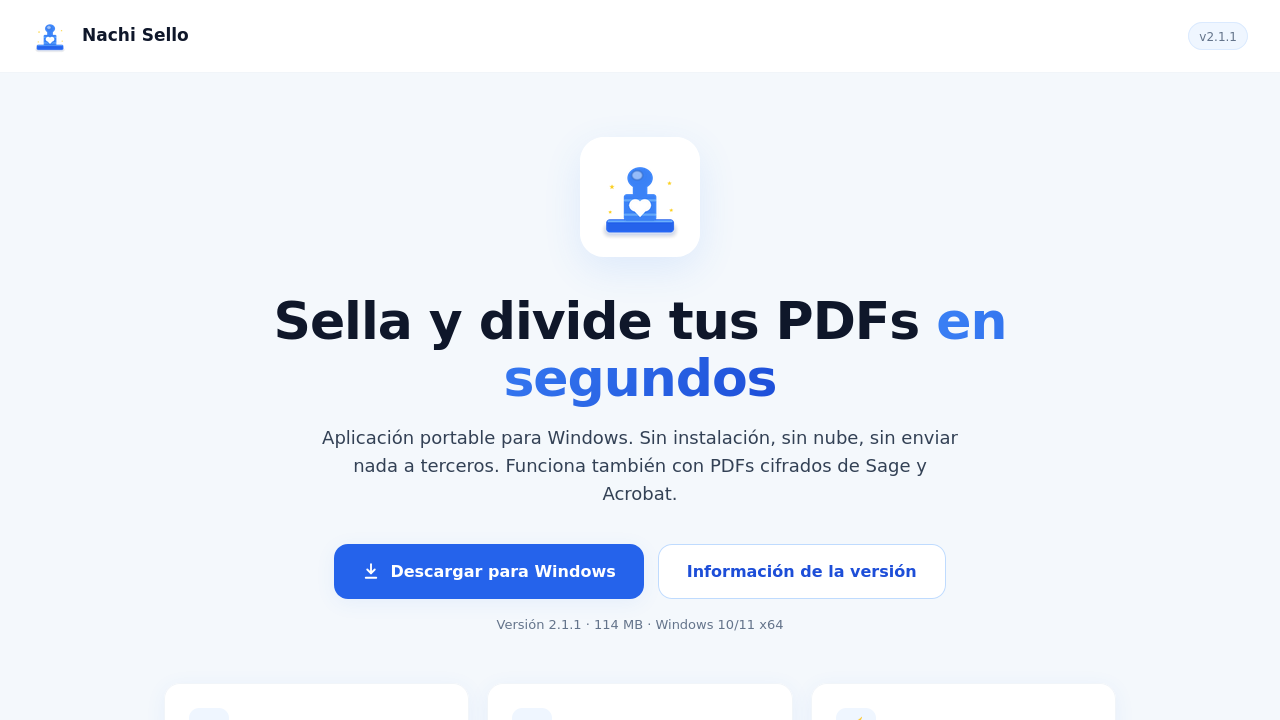 Página de descarga de Nachi Sello con el botón 'Descargar para Windows'
