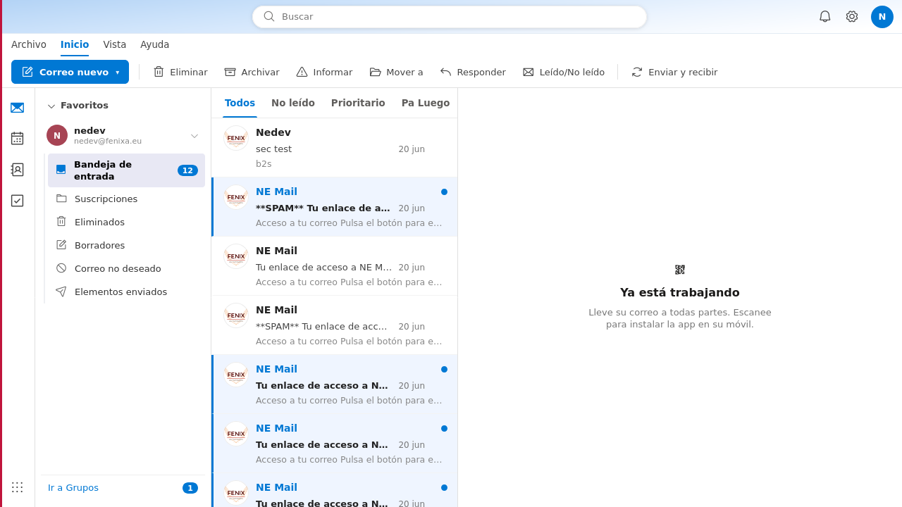 Interfaz del webmail NE Mail con bandeja de entrada