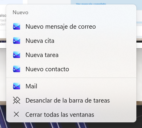 NE Mail integrado en la barra de tareas de Windows