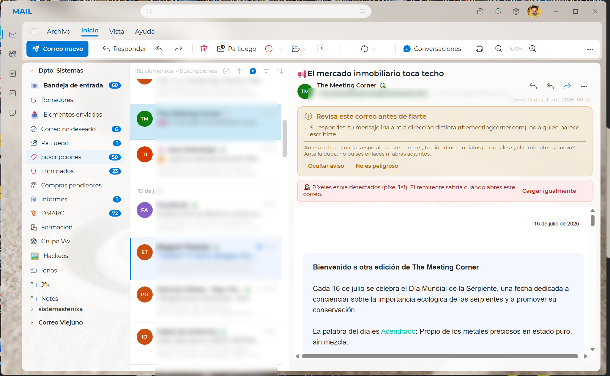 Aplicación de escritorio de NE Mail en Windows con avisos de seguridad y detección de píxeles espía