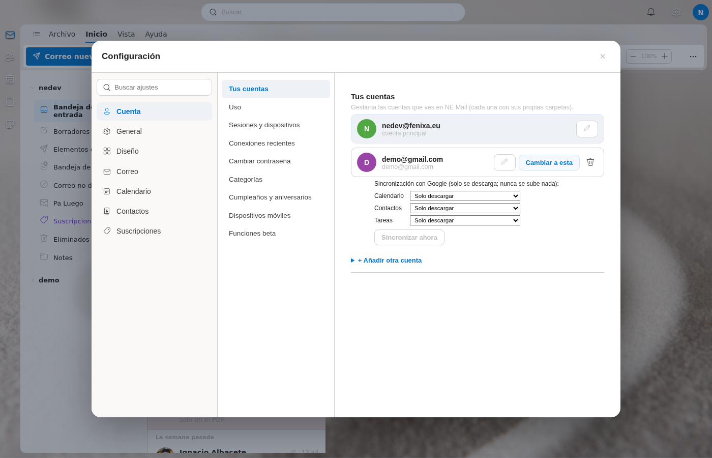 Sincronización de Google (calendario, contactos y tareas) en NE Mail