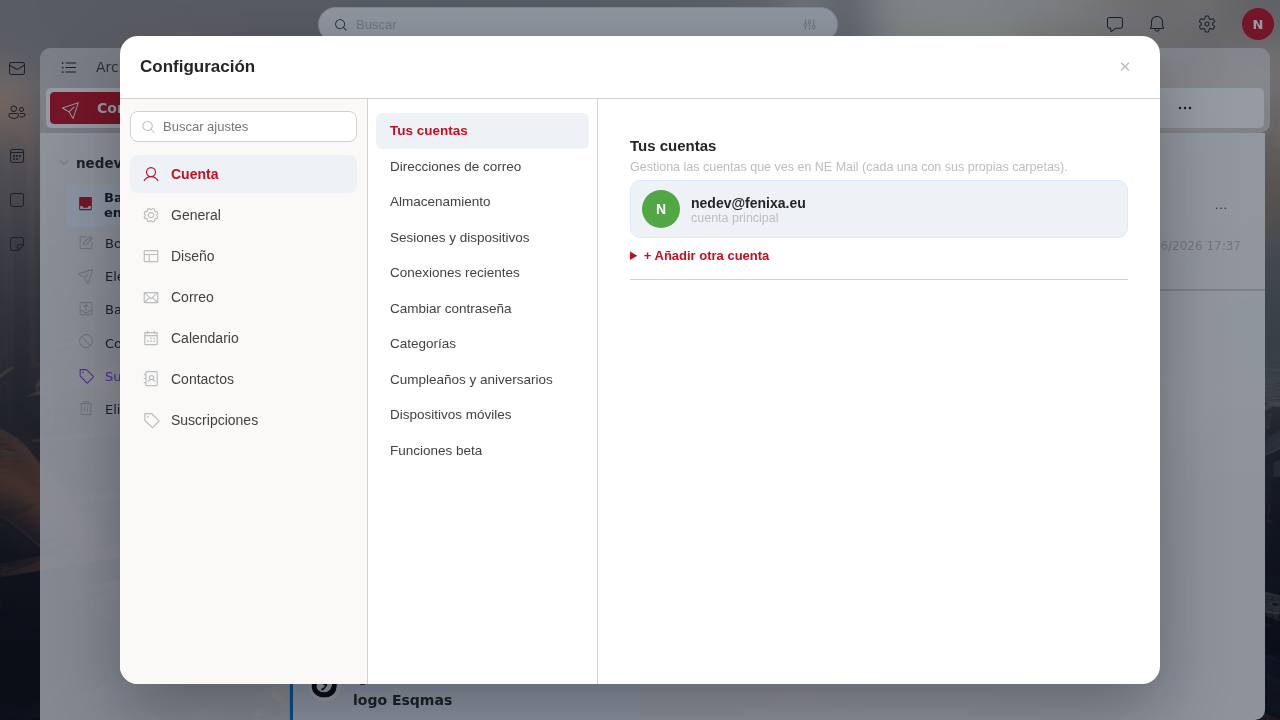 Panel de configuración de NE Mail con múltiples secciones