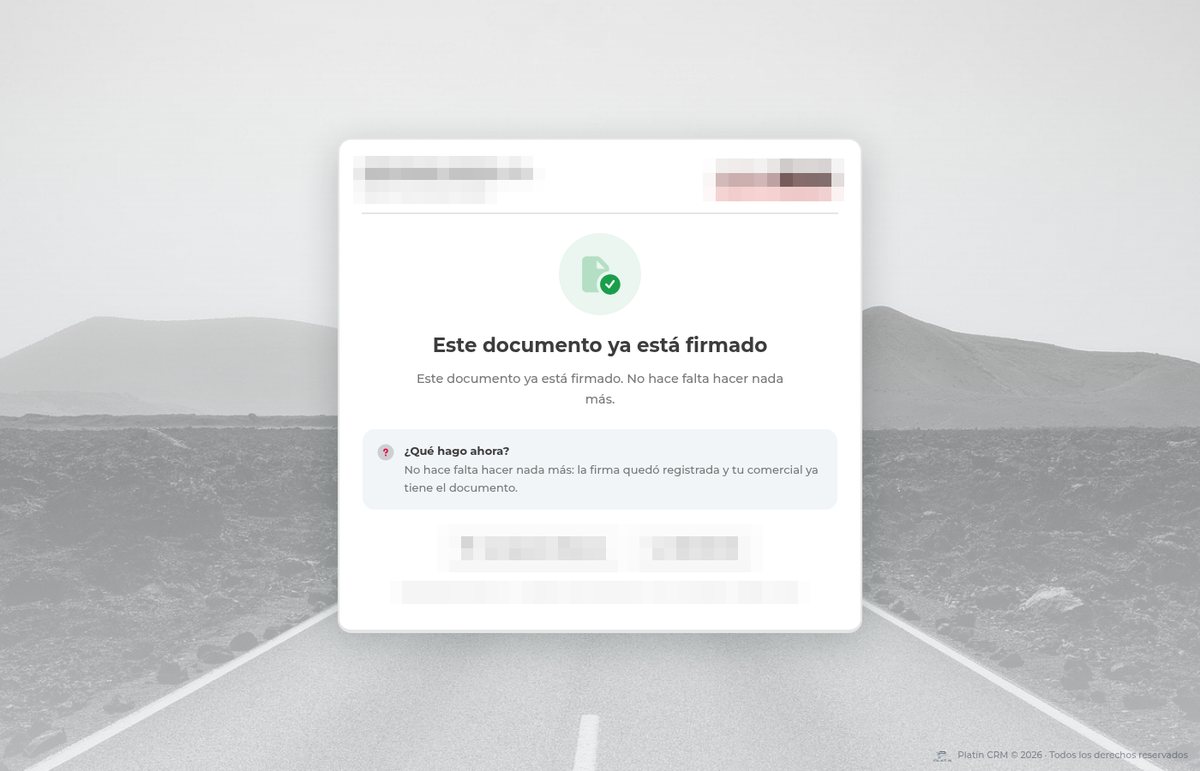 La página pública que ve el cliente al firmar, con la marca de la sociedad sobre la carretera