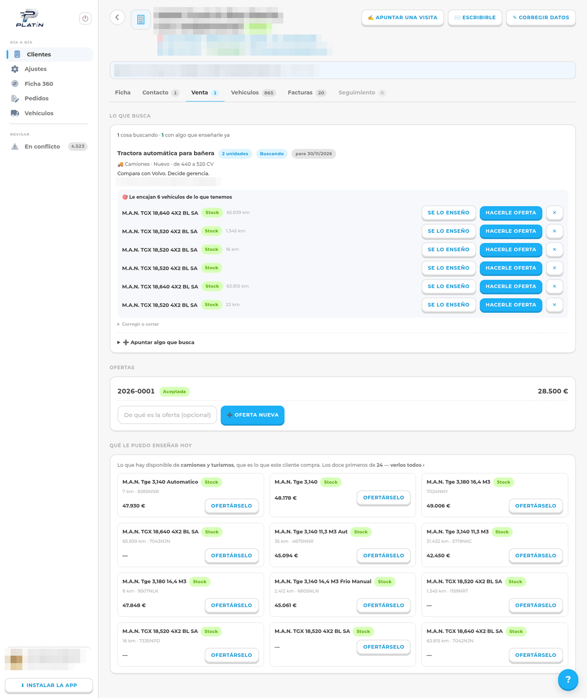 Pestaña Venta de un cliente en Platín CRM: lo que busca, los vehículos que le encajan y las ofertas