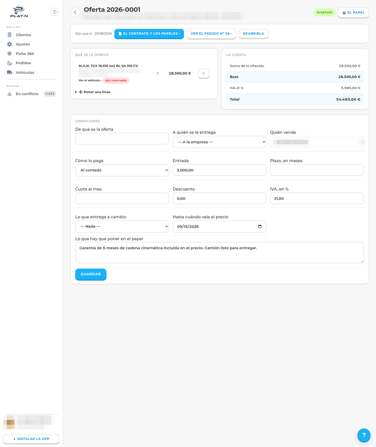 Una oferta en Platín CRM: líneas, cuenta con IVA, condiciones y estados